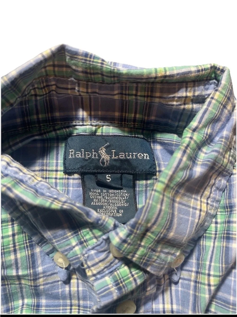 Polo Ralph Lauren Boys Size 5 Plaid Button Down Shirt Blue Green Preppy